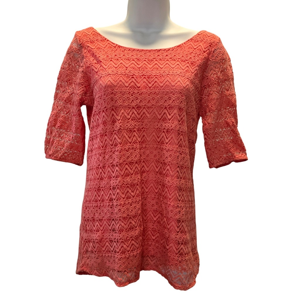 Rachel Kate Women Coral Lace Top Chiffon Bow Scoop Neck Whimsical Coquette Girly